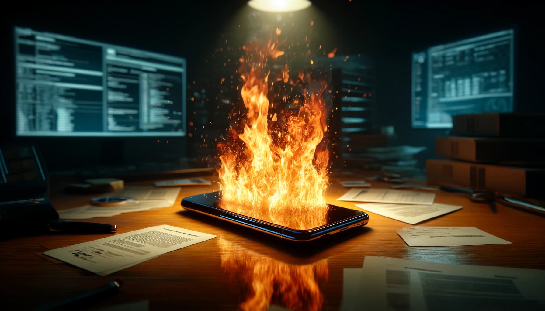ataque cibernético móvel em chamas